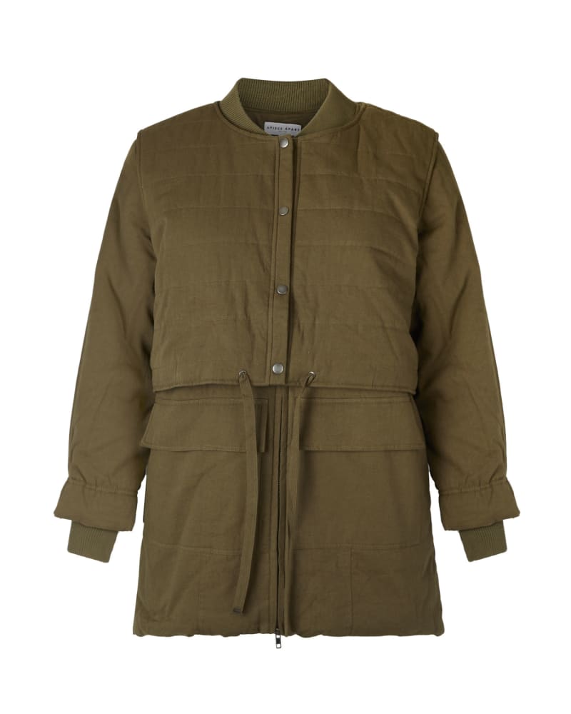 Front of a size 2X Norah Layer Coat in OLIVE by Apiece Apart. | dia_product_style_image_id:250535